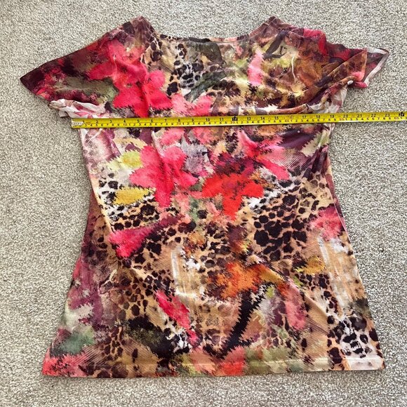 Y2k Floral & Cheetah Print Flowy Pink and Brown Rhinestones Top w Sheer Sleeves - Picture 10 of 10